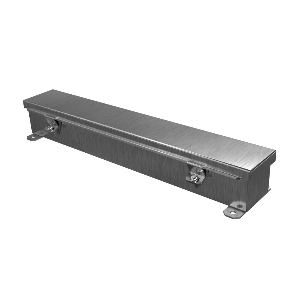 1486B18SS - Hammond wiring trough, 2.5 x 2.5 x 18in (HxDxL), NEMA 1/4/4X/12, 304 stainless steel, #4 brush finish, single-door.