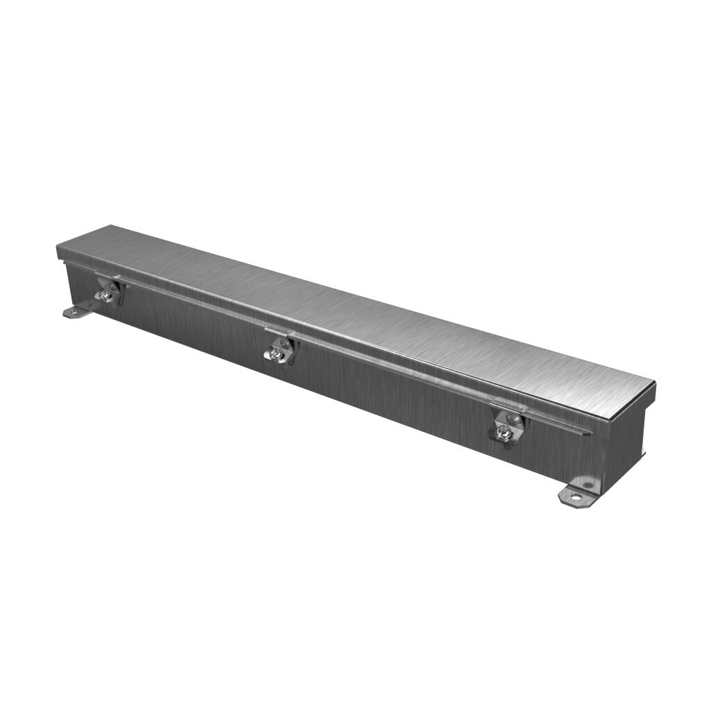 1486B24SS - Hammond wiring trough, 2.5 x 2.5 x 24in (HxDxL), NEMA 1/4/4X/12, 304 stainless steel, #4 brush finish, single-door.