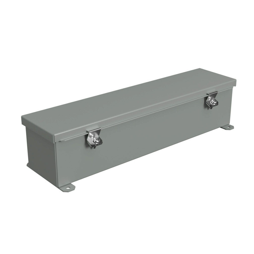 1486C18 - Hammond wiring trough, 4 x 4 x 18in (HxDxL), NEMA 1/4/12, carbon steel, ANSI 61 gray, powder coat finish, single-door.