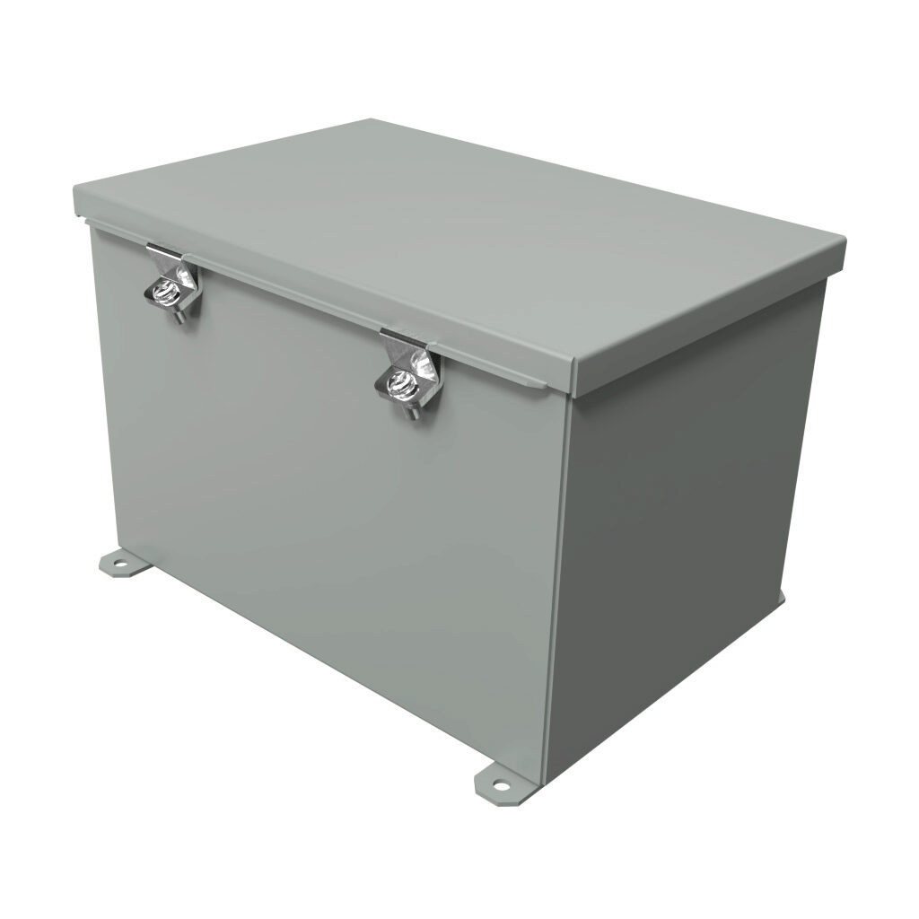 1486E12 - Hammond wiring trough, 8 x 8 x 12in (HxDxL), NEMA 1/4/12, carbon steel, ANSI 61 gray, powder coat finish, single-door.
