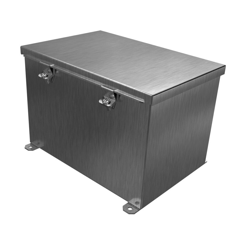 1486E12SS - Hammond wiring trough, 8 x 8 x 12in (HxDxL), NEMA 1/4/4X/12, 304 stainless steel, #4 brush finish, single-door.