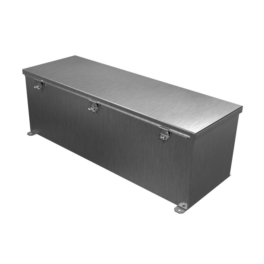 1486E24SS - Hammond wiring trough, 8 x 8 x 24in (HxDxL), NEMA 1/4/4X/12, 304 stainless steel, #4 brush finish, single-door.