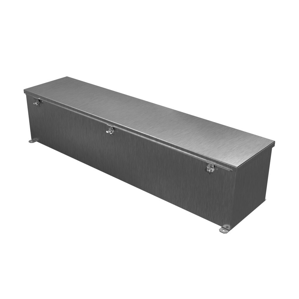 1486E36SS - Hammond wiring trough, 8 x 8 x 36in (HxDxL), NEMA 1/4/4X/12, 304 stainless steel, #4 brush finish, single-door.