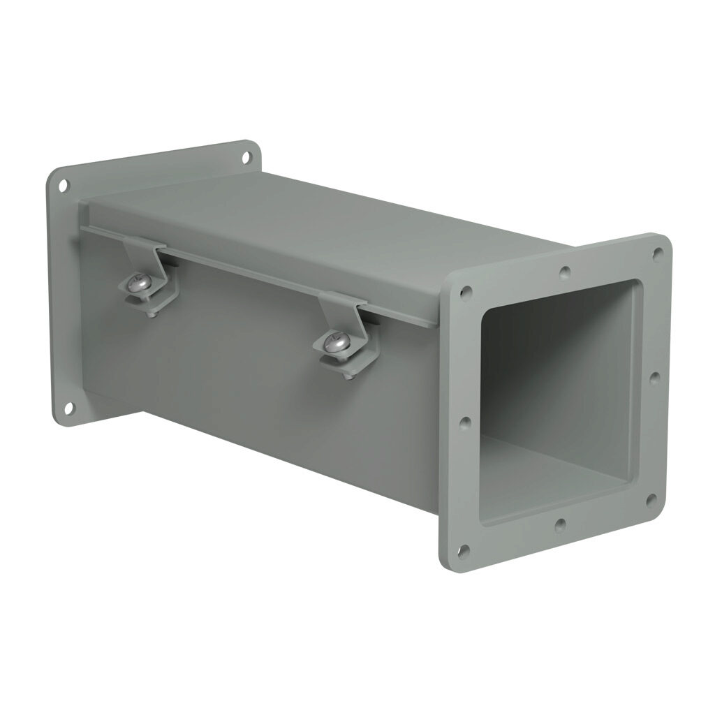 1487C12 - Hammond 1487 series pull-through wireway, 4 x 4 x 12in, carbon steel, ANSI 61 gray, powder coat finish, hinged cover, screw clamps, NEMA 12.