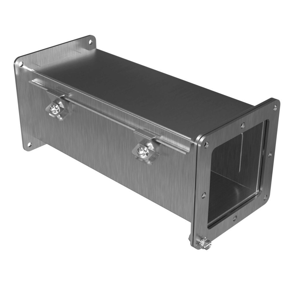 1487C12SS - Hammond 1487SS series pull-through wireway, 4 x 4 x 12in, 304 stainless steel, #4 brush finish, hinged cover, screw clamps, NEMA 4/4X/12.