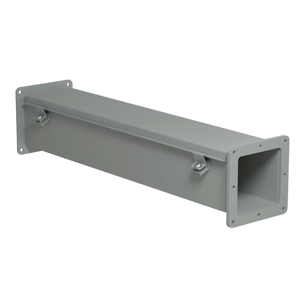1487C24 - Hammond 1487 series pull-through wireway, 4 x 4 x 24in, carbon steel, ANSI 61 gray, powder coat finish, hinged cover, screw clamps, NEMA 12.