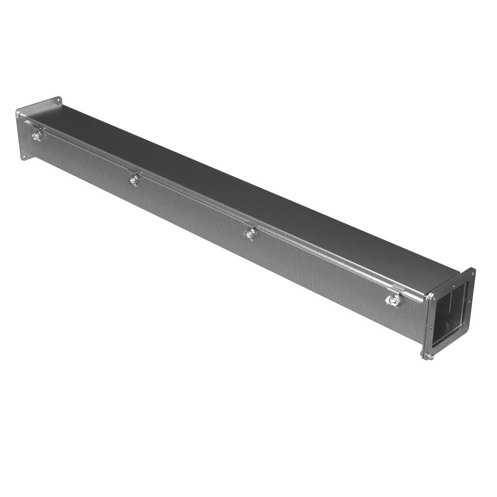 1487C48SS - Hammond 1487SS series pull-through wireway, 4 x 4 x 48in, 304 stainless steel, #4 brush finish, hinged cover, screw clamps, NEMA 4/4X/12.