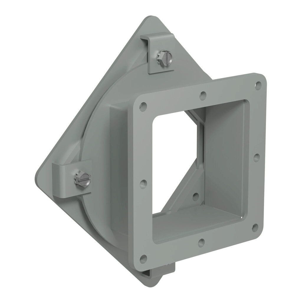 1487CV1 - Hammond 1487 series pull-through wireway fitting, box entry swivel nipple, 4 x 4in, carbon steel, ANSI 61 gray, powder coat finish, NEMA 12. For use with 1487 series wireway.