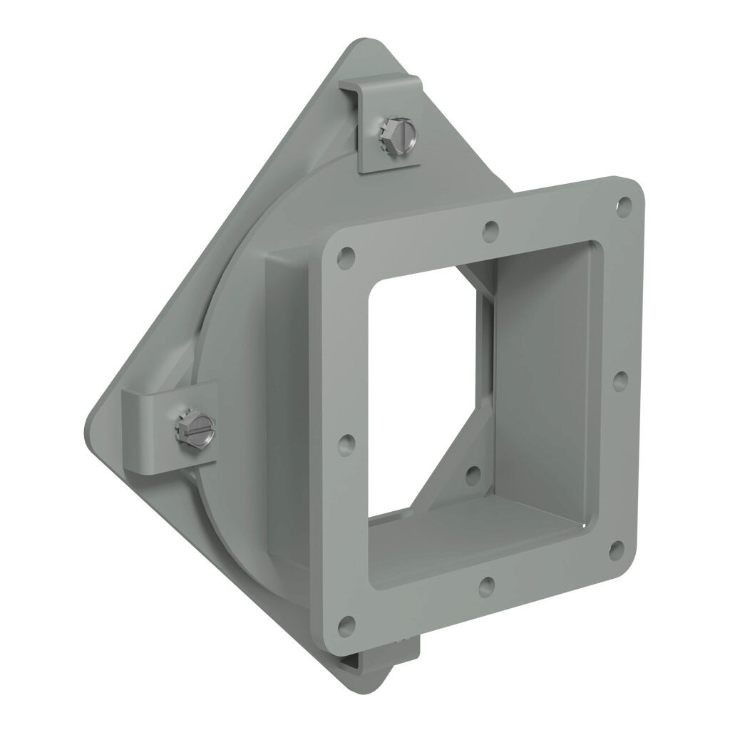 1487CV2 - Hammond 1487 series pull-through wireway fitting, standard swivel nipple, 4 x 4in, carbon steel, ANSI 61 gray, powder coat finish, NEMA 12. For use with 1487 series wireway.