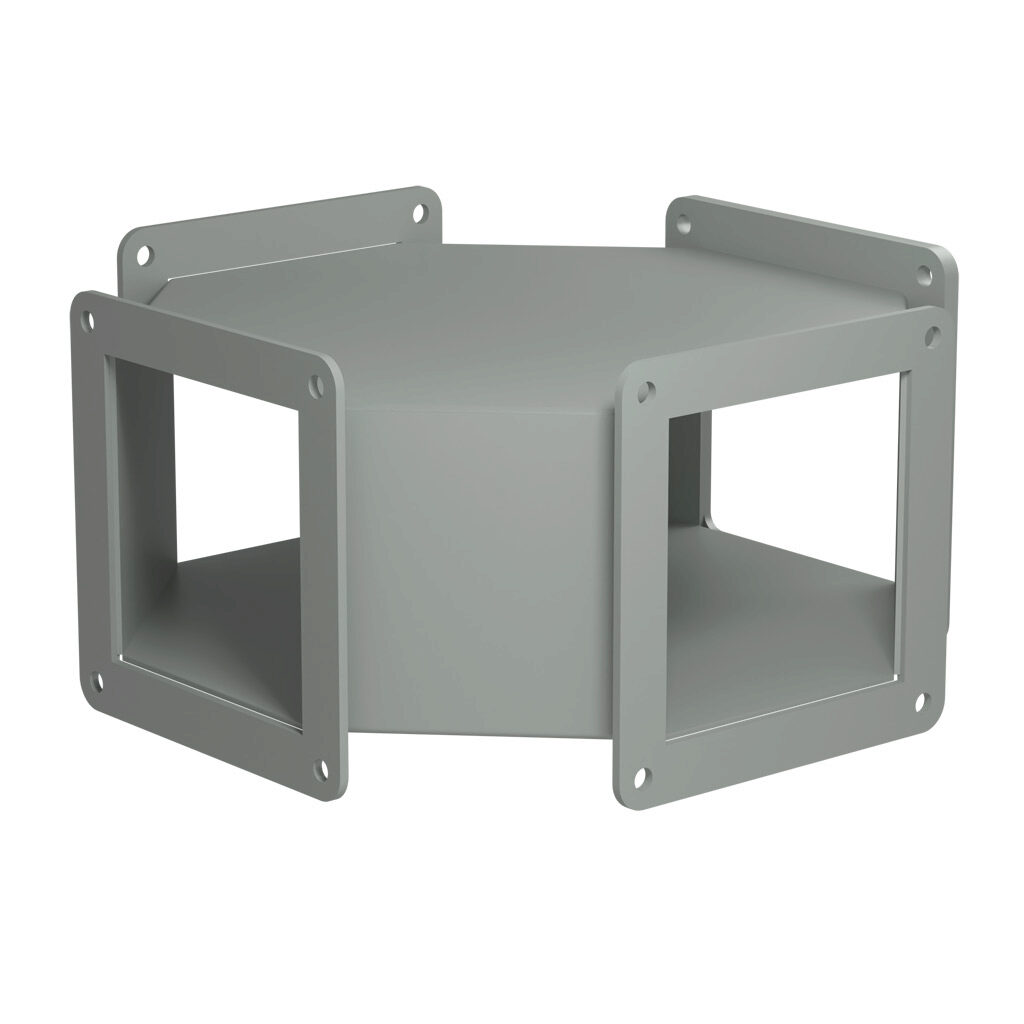 1487CY - Hammond 1487 series pull-through wireway fitting, cross fitting, 4 x 4in, carbon steel, ANSI 61 gray, powder coat finish, NEMA 12. For use with 1487 series wireway.