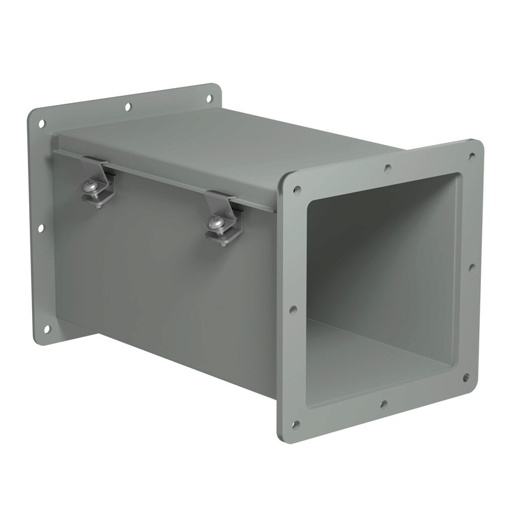 1487D12 - Hammond 1487 series pull-through wireway, 6 x 6 x 12in, carbon steel, ANSI 61 gray, powder coat finish, hinged cover, screw clamps, NEMA 12.