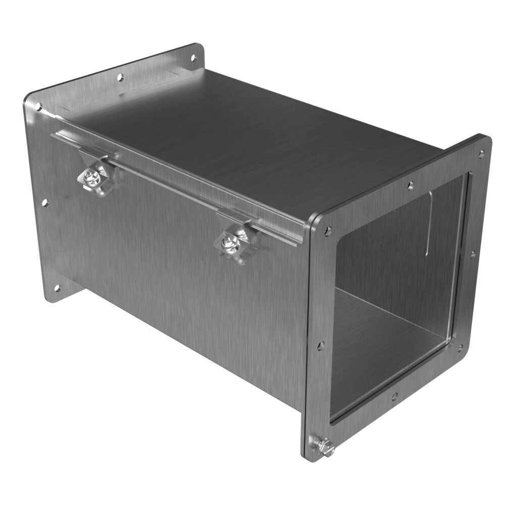 1487D12SS - Hammond 1487SS series pull-through wireway, 6 x 6 x 12in, 304 stainless steel, #4 brush finish, hinged cover, screw clamps, NEMA 4/4X/12.