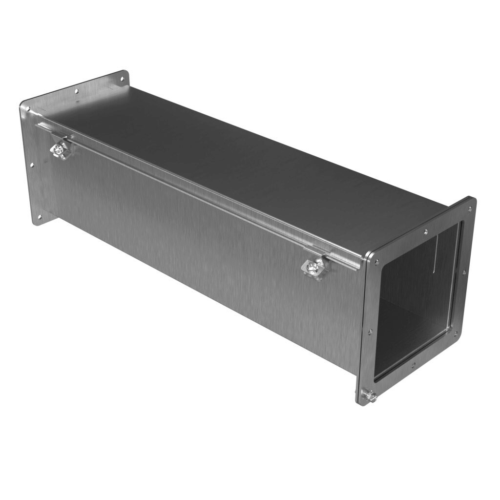 1487D24SS - Hammond 1487SS series pull-through wireway, 6 x 6 x 24in, 304 stainless steel, #4 brush finish, hinged cover, screw clamps, NEMA 4/4X/12.