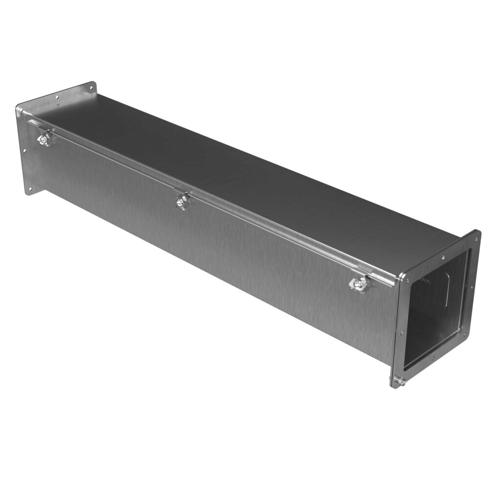 1487D36SS - Hammond 1487SS series pull-through wireway, 6 x 6 x 36in, 304 stainless steel, #4 brush finish, hinged cover, screw clamps, NEMA 4/4X/12.