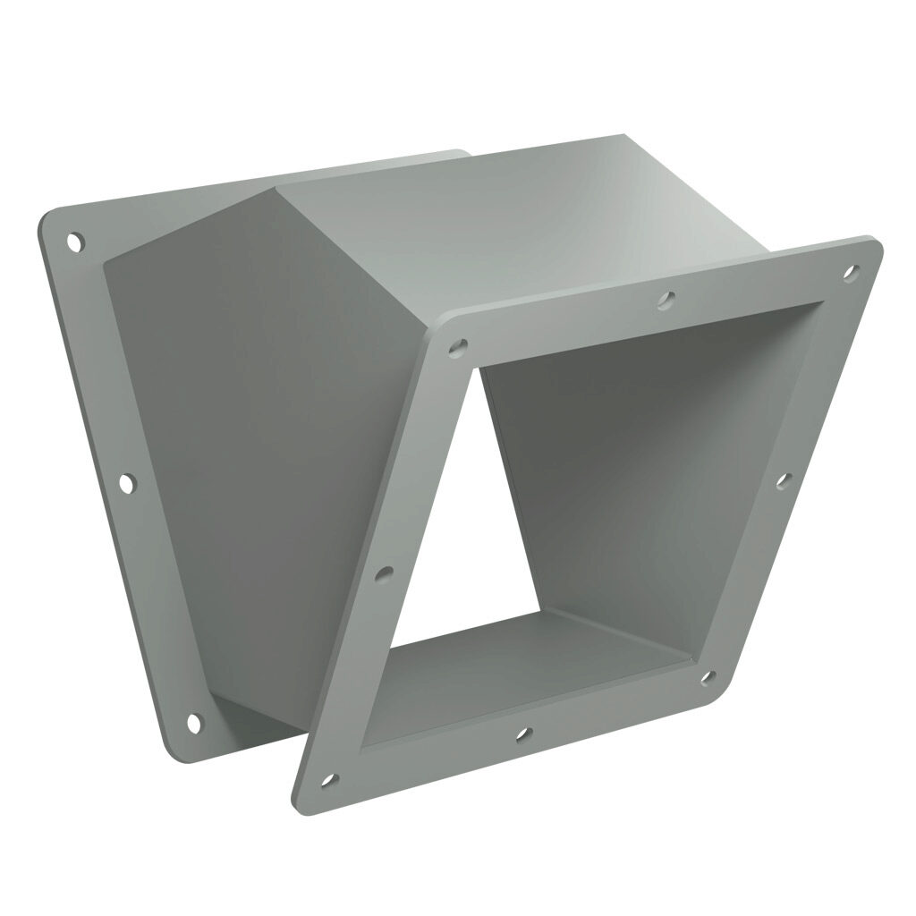 1487D4P - Hammond 1487 series pull-through wireway fitting, 45-degree elbow, 6 x 6in, carbon steel, ANSI 61 gray, powder coat finish, NEMA 12. For use with 1487 series wireway.