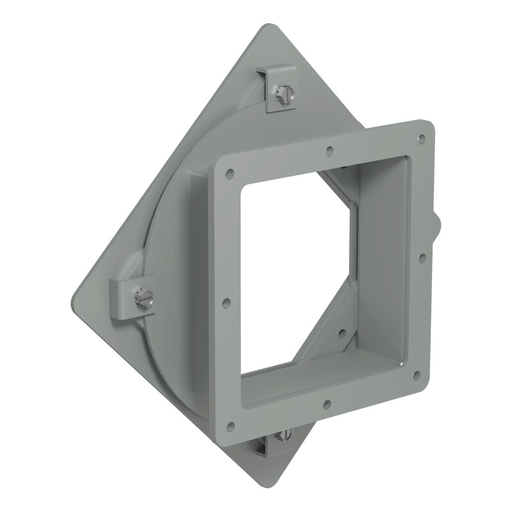 1487DV1 - Hammond 1487 series pull-through wireway fitting, box entry swivel nipple, 6 x 6in, carbon steel, ANSI 61 gray, powder coat finish, NEMA 12. For use with 1487 series wireway.