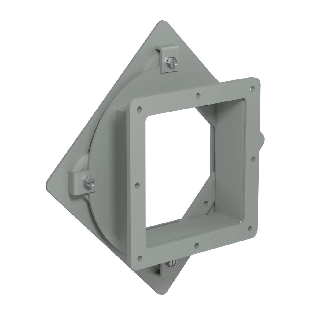 1487DV2 - Hammond 1487 series pull-through wireway fitting, standard swivel nipple, 6 x 6in, carbon steel, ANSI 61 gray, powder coat finish, NEMA 12. For use with 1487 series wireway.
