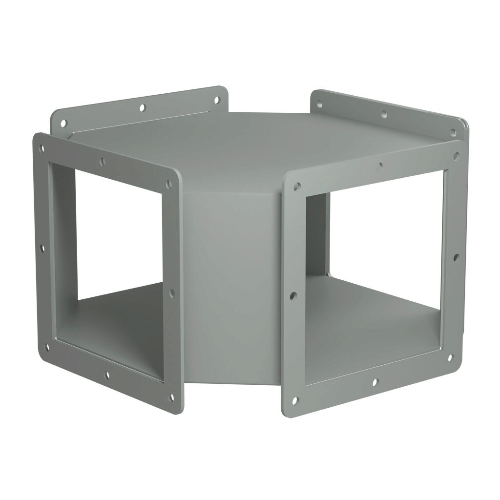 1487DY - Hammond 1487 series pull-through wireway fitting, cross fitting, 6 x 6in, carbon steel, ANSI 61 gray, powder coat finish, NEMA 12. For use with 1487 series wireway.