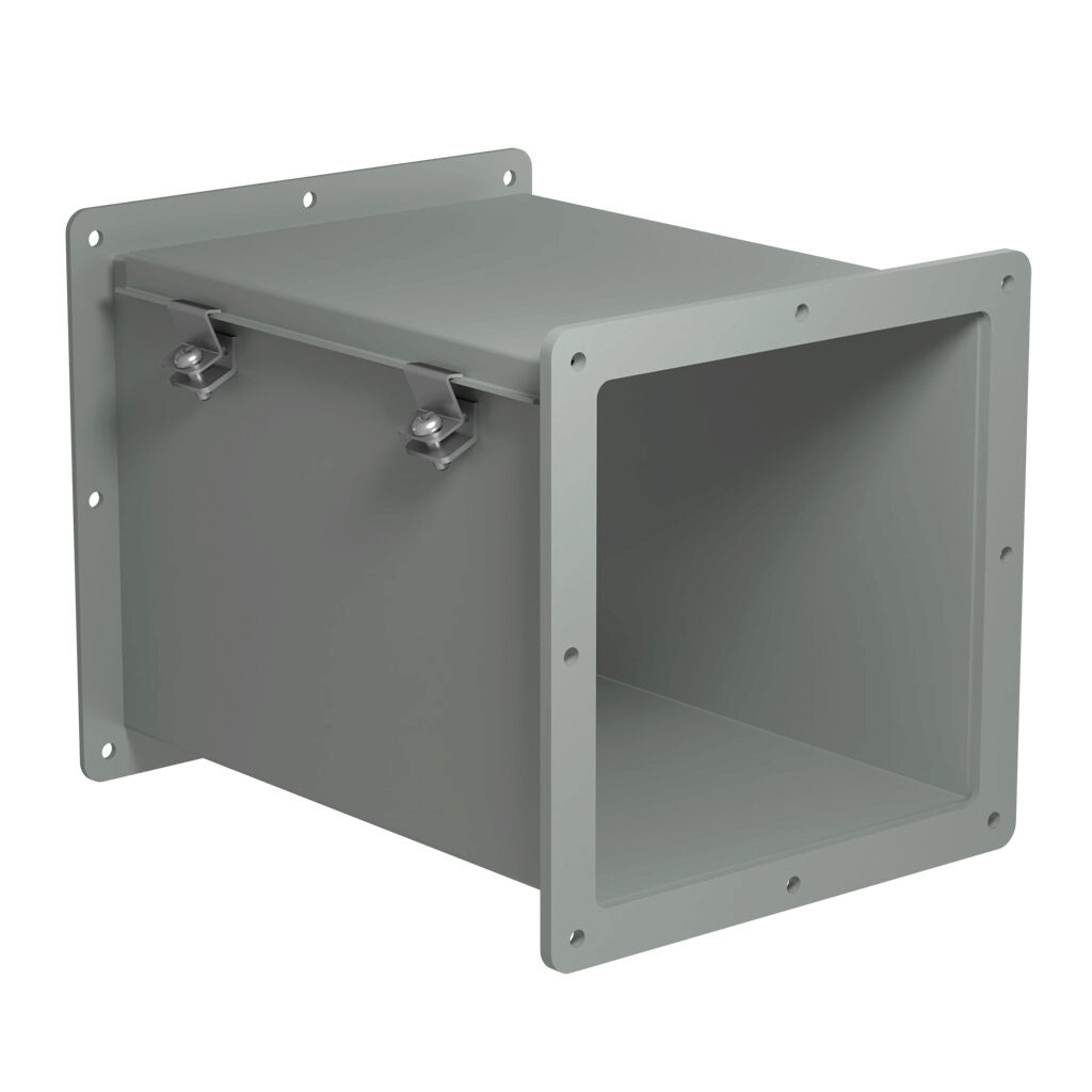 1487E12 - Hammond 1487 series pull-through wireway, 8 x 8 x 12in, carbon steel, ANSI 61 gray, powder coat finish, hinged cover, screw clamps, NEMA 12.