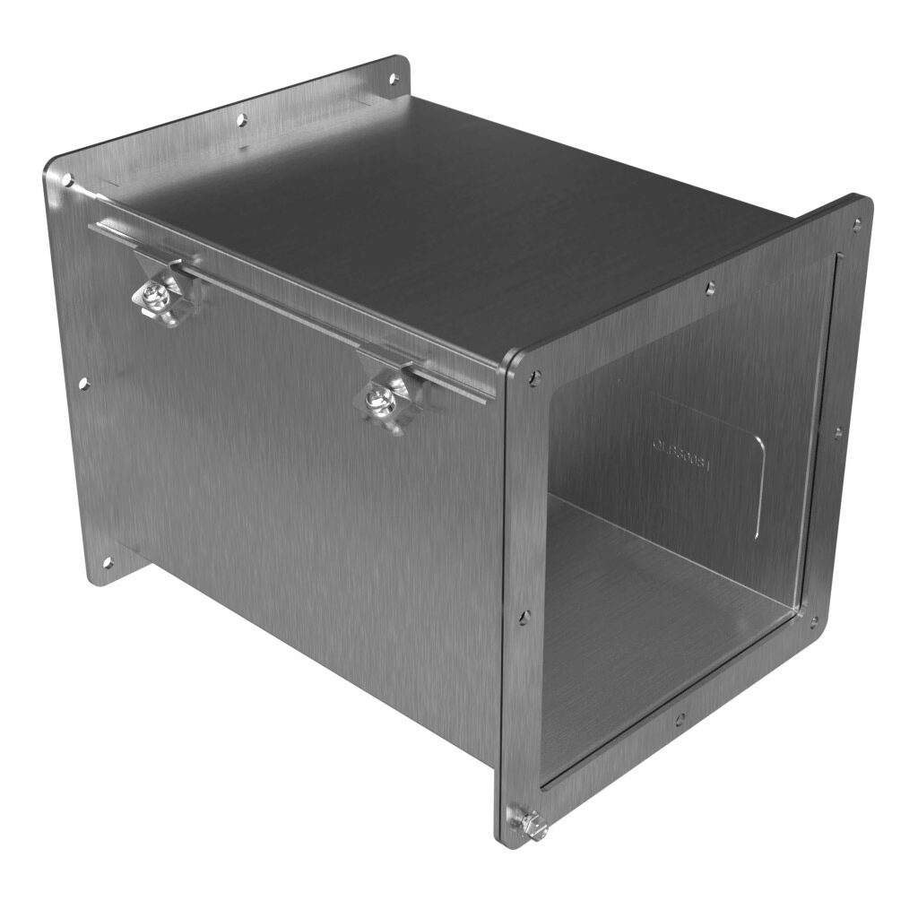1487E12SS - Hammond 1487SS series pull-through wireway, 8 x 8 x 12in, 304 stainless steel, #4 brush finish, hinged cover, screw clamps, NEMA 4/4X/12.