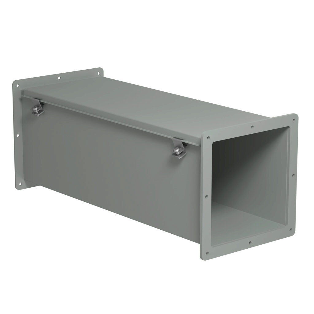 1487E24 - Hammond 1487 series pull-through wireway, 8 x 8 x 24in, carbon steel, ANSI 61 gray, powder coat finish, hinged cover, screw clamps, NEMA 12.