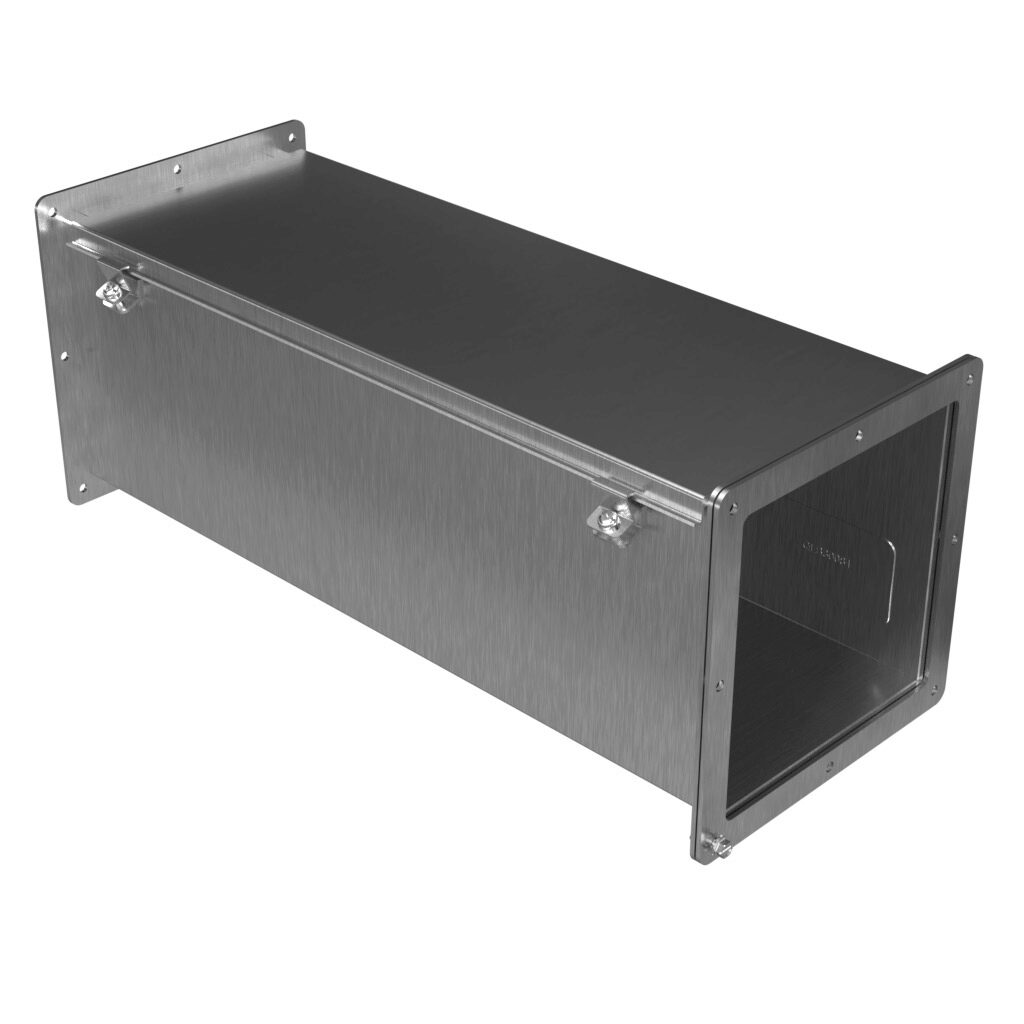 1487E24SS - Hammond 1487SS series pull-through wireway, 8 x 8 x 24in, 304 stainless steel, #4 brush finish, hinged cover, screw clamps, NEMA 4/4X/12.