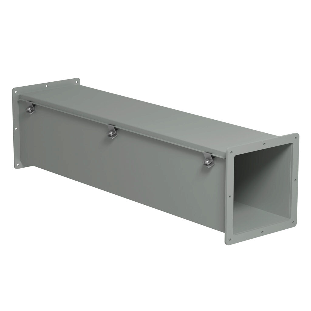 1487E36 - Hammond 1487 series pull-through wireway, 8 x 8 x 36in, carbon steel, ANSI 61 gray, powder coat finish, hinged cover, screw clamps, NEMA 12.