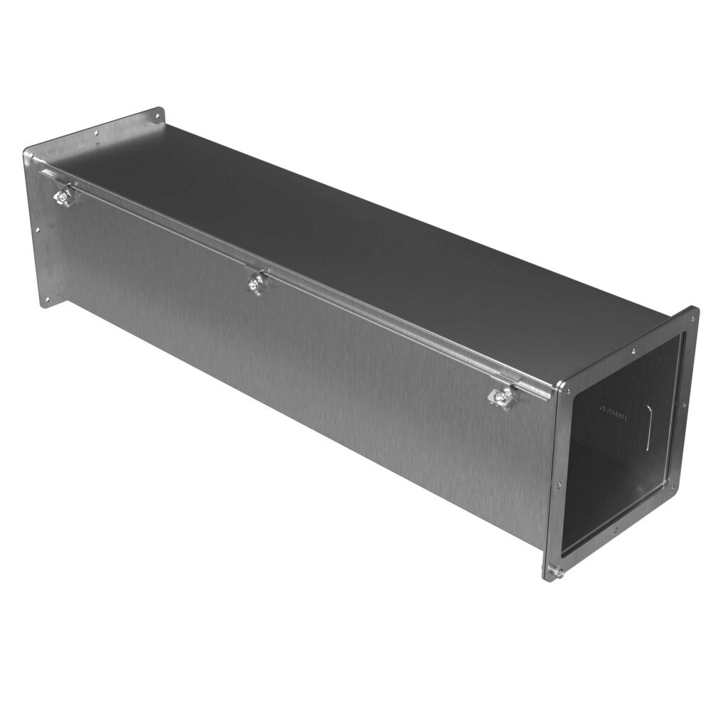 1487E36SS - Hammond 1487SS series pull-through wireway, 8 x 8 x 36in, 304 stainless steel, #4 brush finish, hinged cover, screw clamps, NEMA 4/4X/12.