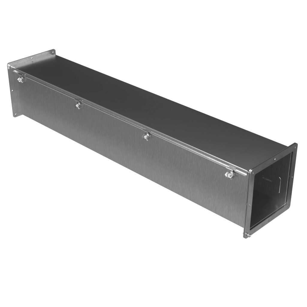 1487E48SS - Hammond 1487SS series pull-through wireway, 8 x 8 x 48in, 304 stainless steel, #4 brush finish, hinged cover, screw clamps, NEMA 4/4X/12.