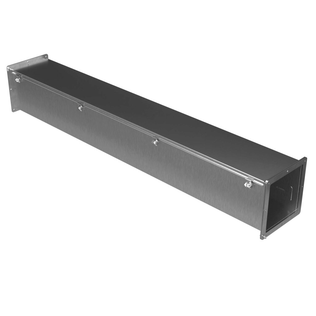 1487E60SS - Hammond 1487SS series pull-through wireway, 8 x 8 x 60in, 304 stainless steel, #4 brush finish, hinged cover, screw clamps, NEMA 4/4X/12.