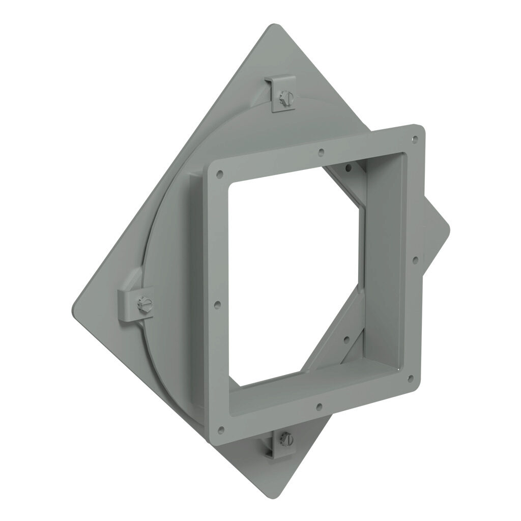 1487EV1 - Hammond 1487 series pull-through wireway fitting, box entry swivel nipple, 8 x 8in, carbon steel, ANSI 61 gray, powder coat finish, NEMA 12. For use with 1487 series wireway.