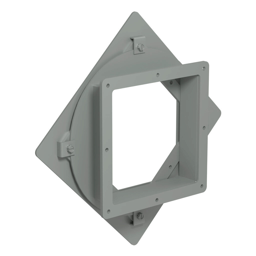 1487EV2 - Hammond 1487 series pull-through wireway fitting, standard swivel nipple, 8 x 8in, carbon steel, ANSI 61 gray, powder coat finish, NEMA 12. For use with 1487 series wireway.