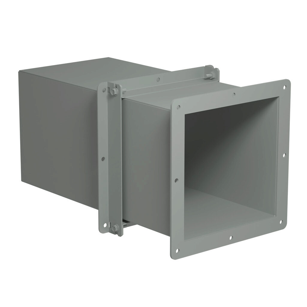 1487EX - Hammond 1487 series pull-through wireway fitting, adjustable fitting, 8 x 8in, carbon steel, ANSI 61 gray, powder coat finish, NEMA 12. For use with 1487 series wireway.