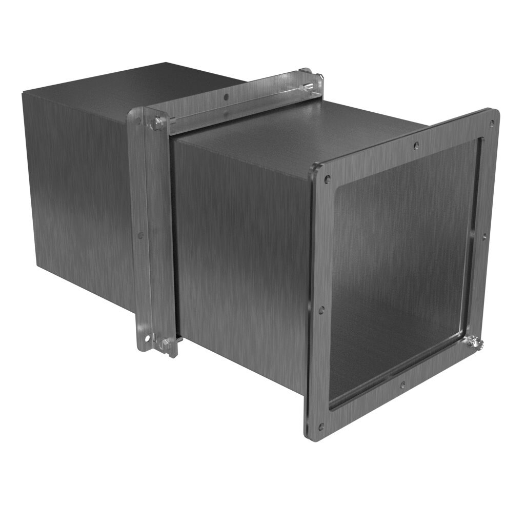 1487EXSS - Hammond pull-through wireway fitting, adjustable fitting, 8 x 8in, 304 stainless steel, #4 brush finish, NEMA 4/4X/12. For use with 1487SS series wireway.
