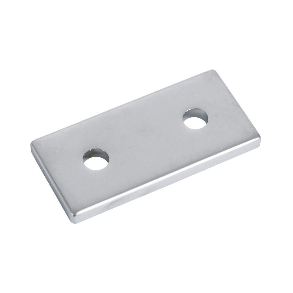148850 - FATH straight flat plate, silver, 2 holes, anodized aluminum, slot size 8. For use with all 40mm and 80mm profile T-slotted rails. Manufacturer part number: 093VA4080.