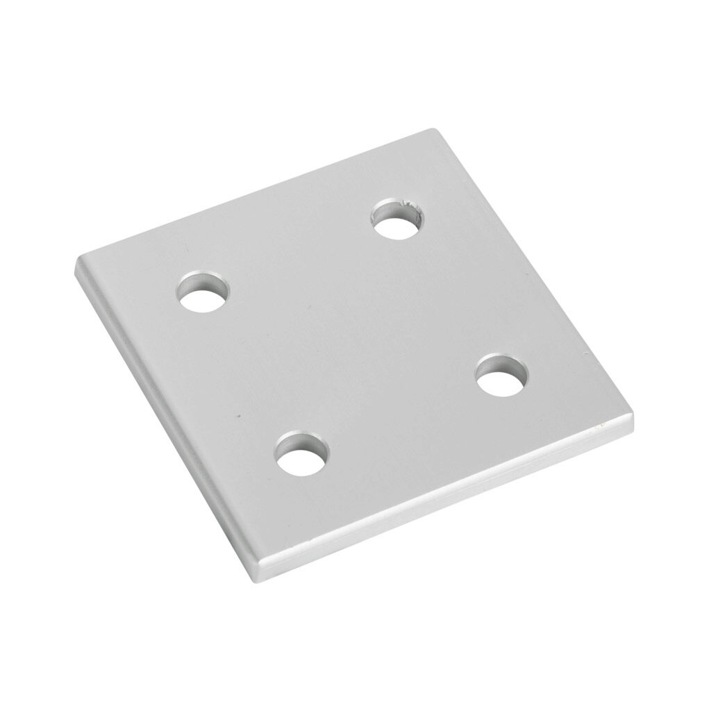 148853 - FATH square flat plate, silver, 4 holes, anodized aluminum, slot size 8. For use with all 40mm and 80mm profile T-slotted rails. Manufacturer part number: 093VA8080.