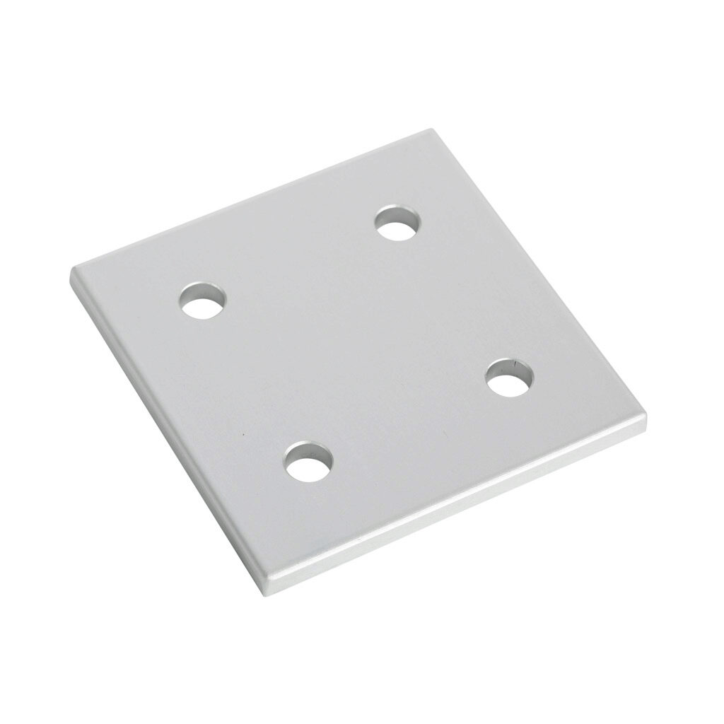 148854 - FATH square flat plate, silver, 4 holes, anodized aluminum, slot size 10. For use with all 45mm and 90mm profile T-slotted rails. Manufacturer part number: 093VA9090.