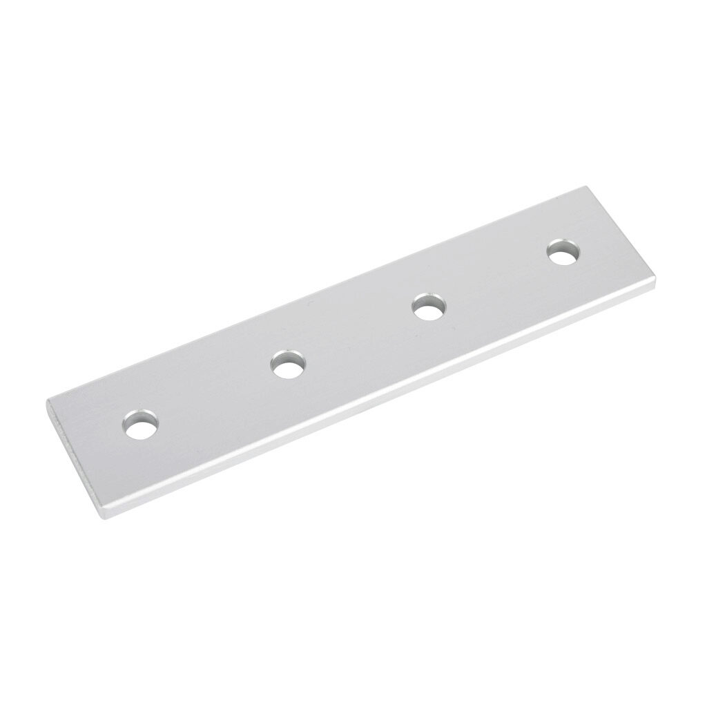 148857 - FATH straight flat plate, silver, 4 holes, anodized aluminum, slot size 10. For use with all 45mm and 90mm profile T-slotted rails. Manufacturer part number: 093VA45180.