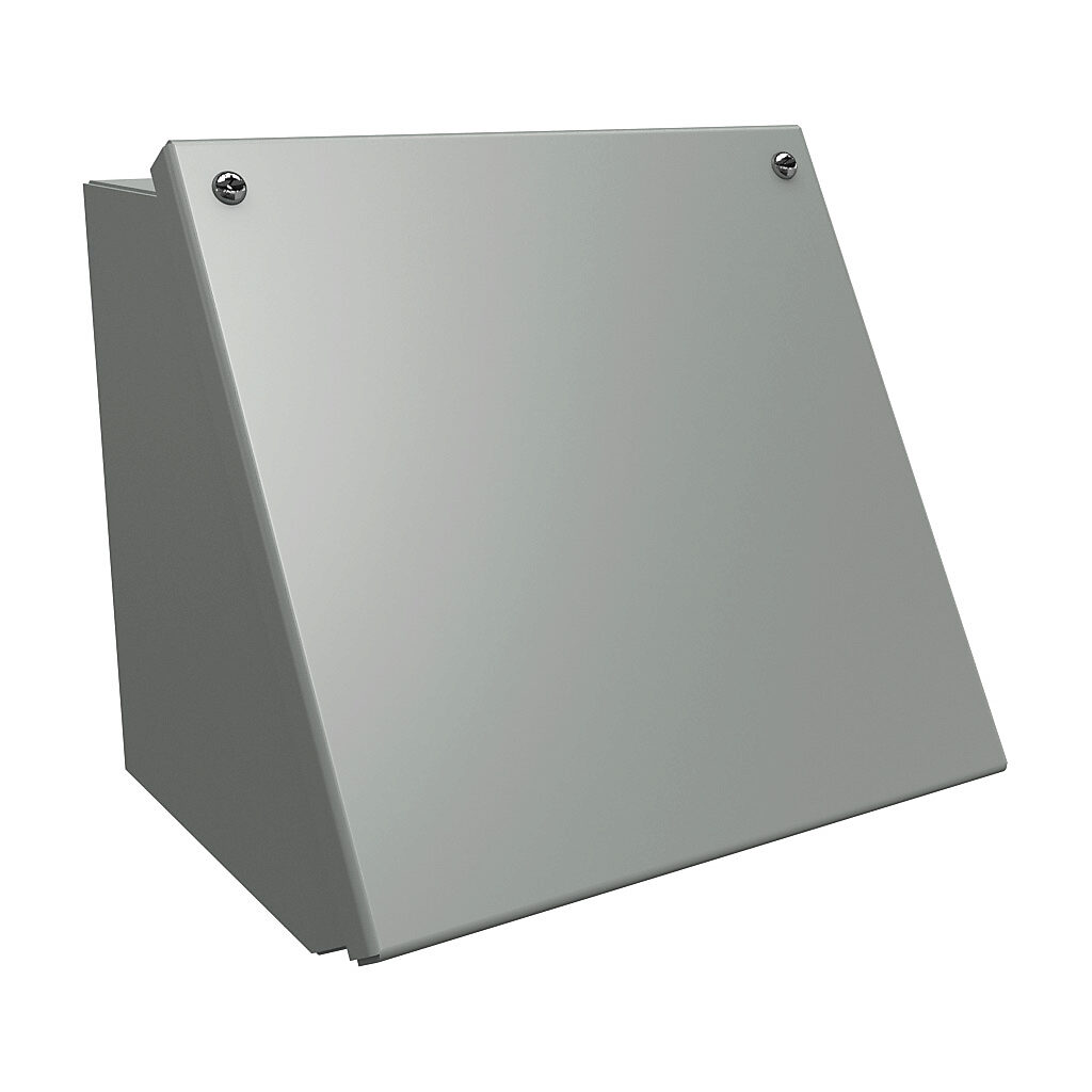 1488EE7 - Hammond operator consolet, NEMA 12/13, 7 x 8 x 7in (HxWxD), desktop or pedestal mount, carbon steel, ANSI 61 gray, powder coat finish, screw cover.