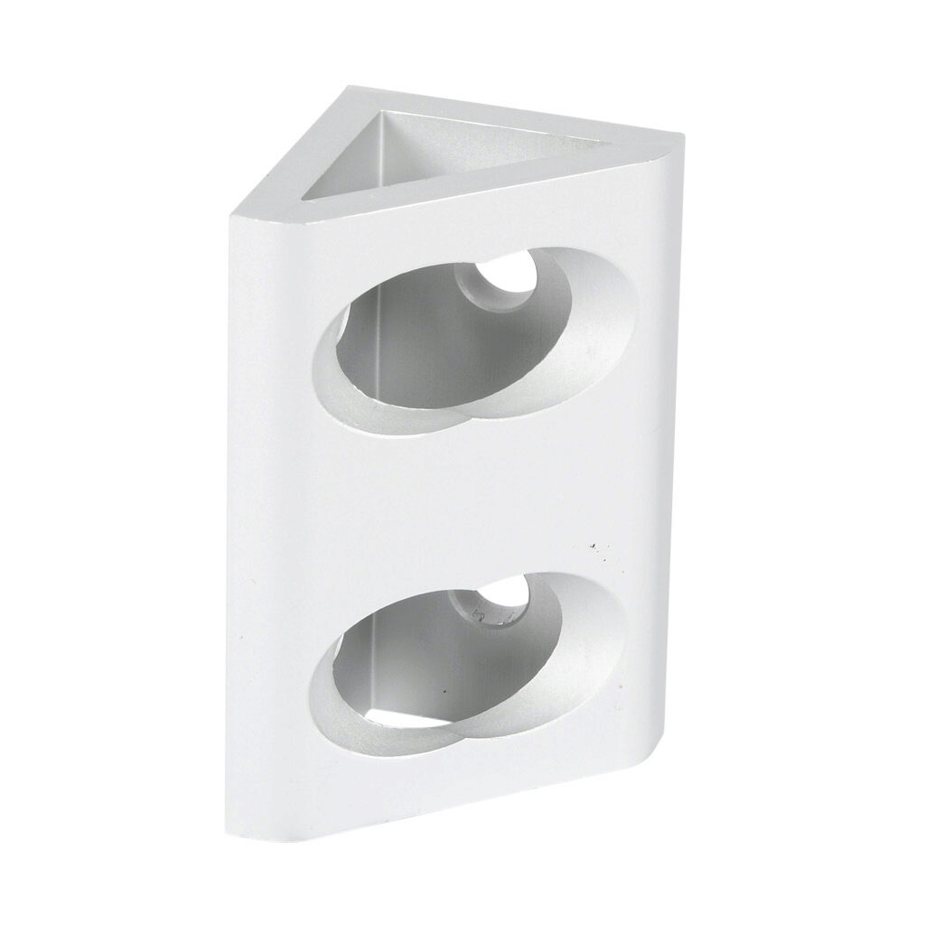 148911 - FATH wide gusseted inside corner bracket, silver, 90-degree, 4 holes, anodized aluminum, slot size 8. For use with all 40mm and 80mm profile T-slotted rails. Manufacturer part number: 093WD8404N08.