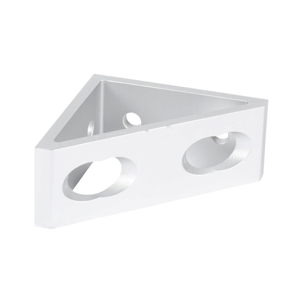 148914 - FATH tall gusseted inside corner bracket, silver, 90-degree, 4 holes, anodized aluminum, slot size 10. For use with all 45mm and 90mm profile T-slotted rails. Manufacturer part number: 093W8451N10.