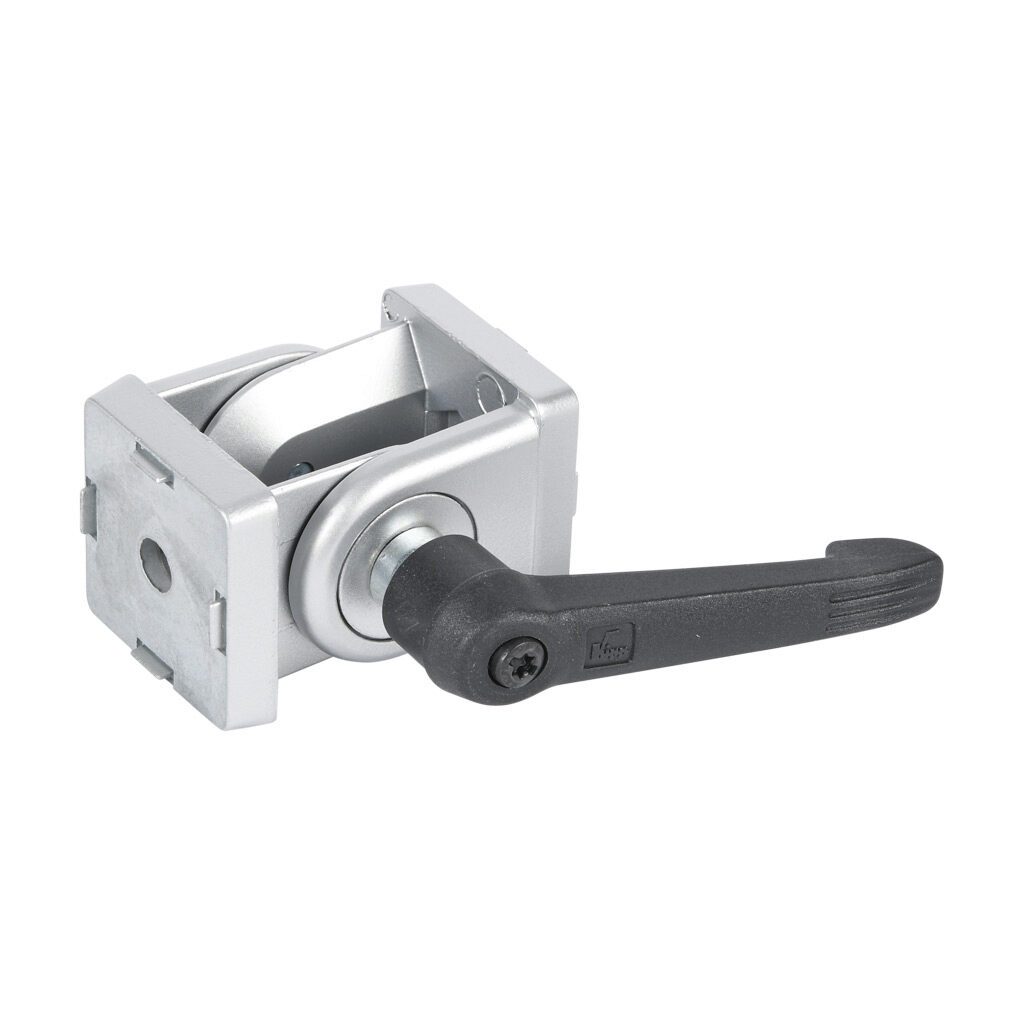 148933 - FATH pivot joint with locking handle, silver, 178-degree adjustable, 2 holes, die-cast zinc, slot size 8. For use with all 1.5in and 3in profile T-slotted rails. Manufacturer part number: 093GF38AN08.