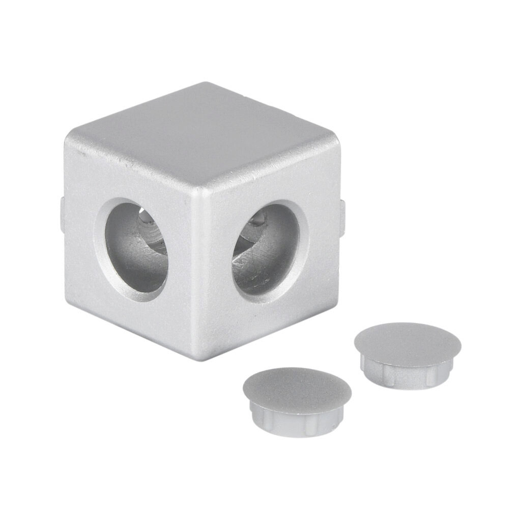 148954 - FATH 2D cube connector, silver, 1.5 x 1.5in, die-cast aluminum, slot size 8. For use with all 1.5in and 3in profile T-slotted rails. Fasteners and (2) plastic cover caps included. Manufacturer part number: 093WW381N08.