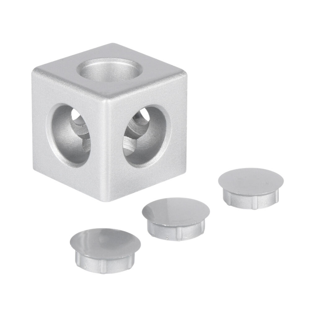 148961 - FATH 3D cube connector, silver, 45 x 45 x 45mm, die-cast aluminum, slot size 10. For use with 45 x 45mm profile T-slotted rails. Fasteners and (3) plastic cover caps included. Manufacturer part number: 093WW454N10.