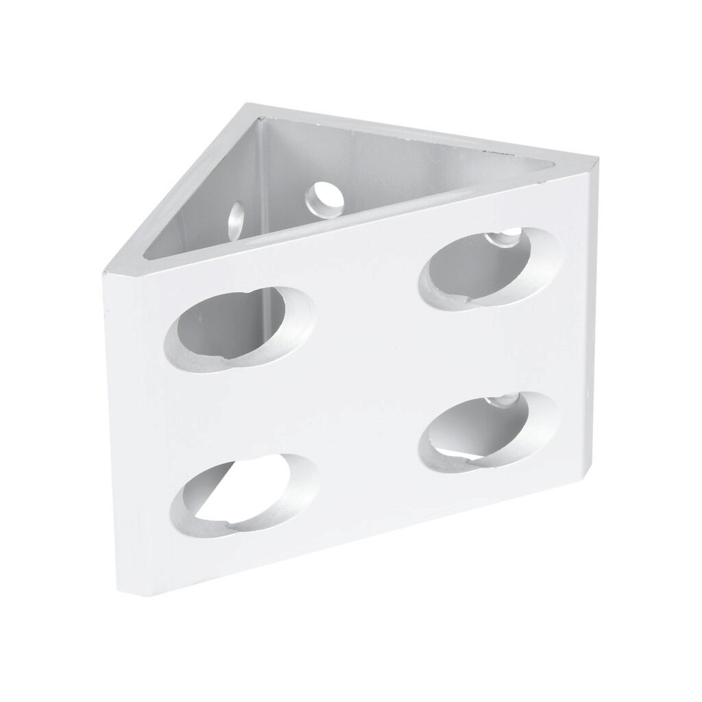 148979 - FATH gusseted inside corner bracket, silver, 90-degree, 8 holes, anodized aluminum, slot size 10. For use with all 45mm and 90mm profile T-slotted rails. Manufacturer part number: 093W8901N10.