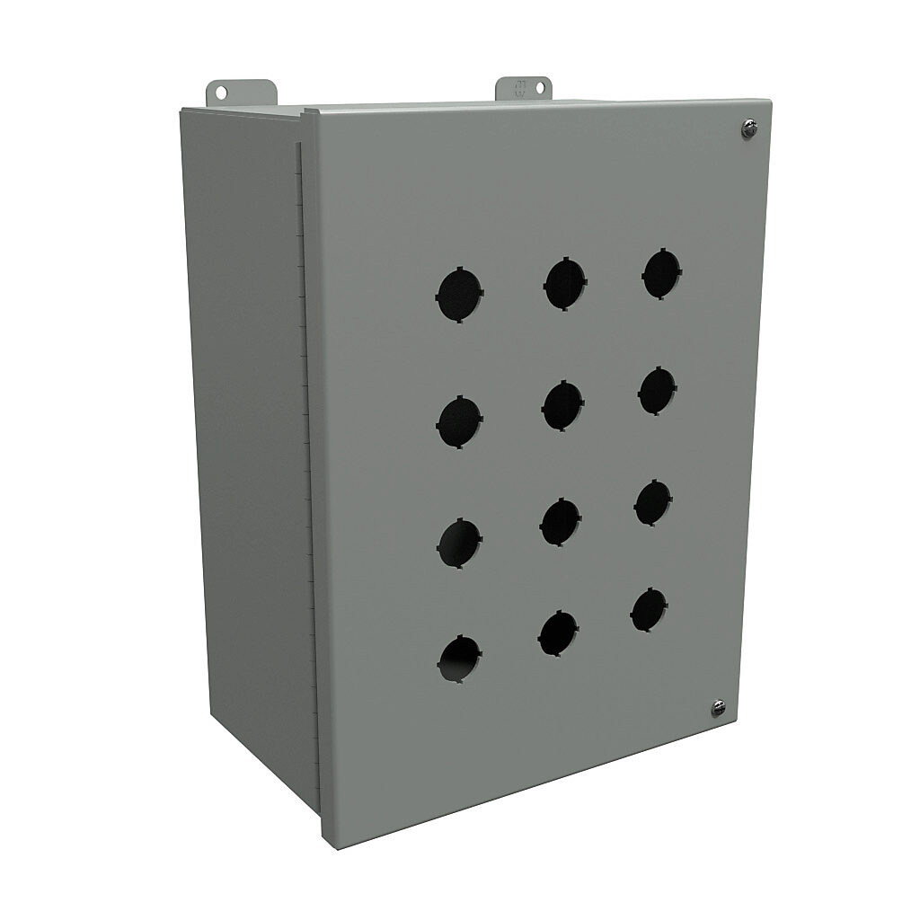 1489MP12 - Hammond pushbutton enclosure, 12 holes, 22mm, NEMA 12, 13 x 10 x 6in (HxWxD), wall mount, carbon steel, ANSI 61 gray, powder coat finish, hinged screw cover.