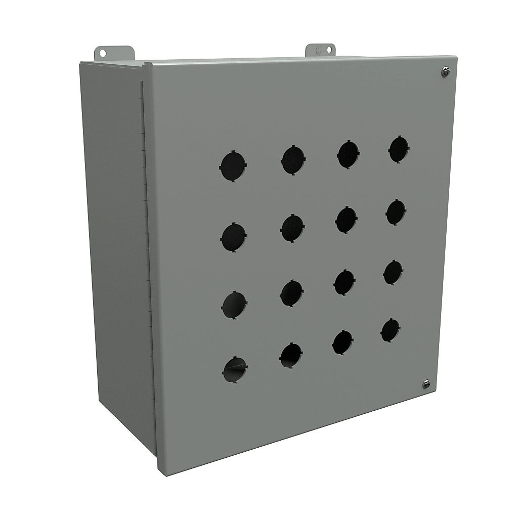 1489MP16 - Hammond pushbutton enclosure, 16 holes, 22mm, NEMA 12, 13 x 12 x 6in (HxWxD), wall mount, carbon steel, ANSI 61 gray, powder coat finish, hinged screw cover.