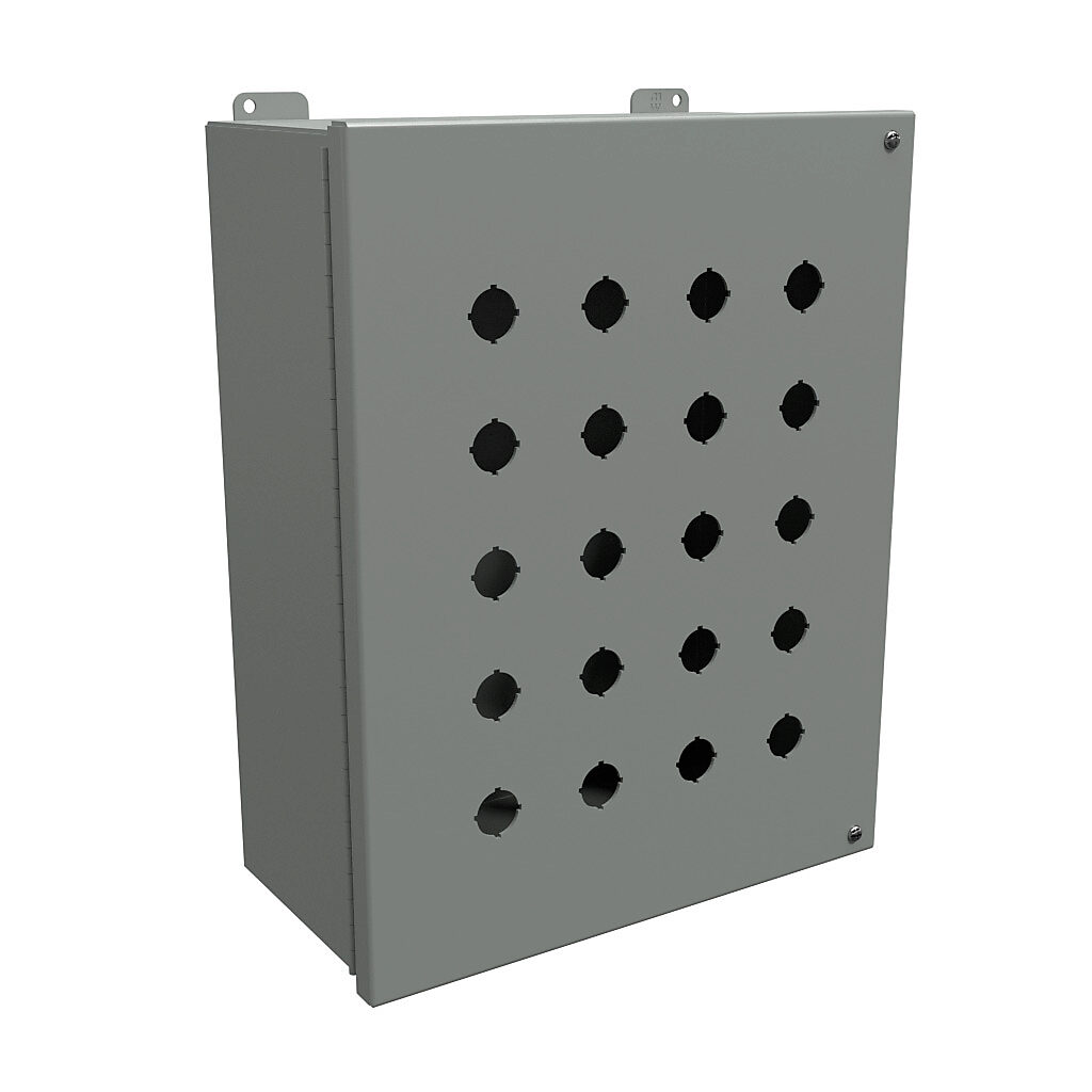 1489MP20 - Hammond pushbutton enclosure, 20 holes, 22mm, NEMA 12, 15 x 12 x 6in (HxWxD), wall mount, carbon steel, ANSI 61 gray, powder coat finish, hinged screw cover.