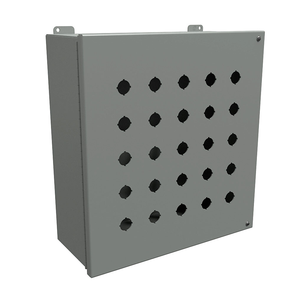 1489MP25 - Hammond pushbutton enclosure, 25 holes, 22mm, NEMA 12, 15 x 14 x 6in (HxWxD), wall mount, carbon steel, ANSI 61 gray, powder coat finish, hinged screw cover.