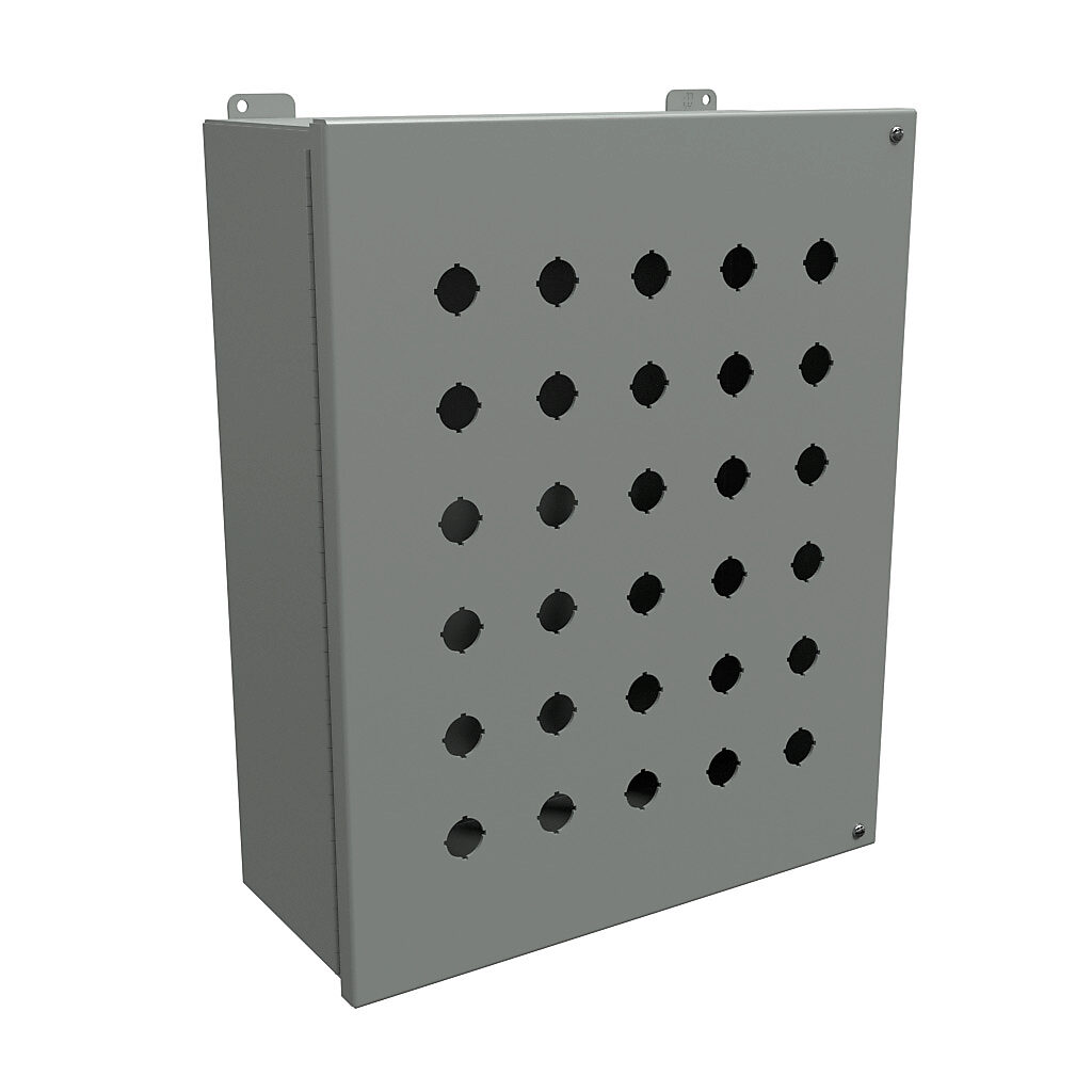 1489MP30 - Hammond pushbutton enclosure, 30 holes, 22mm, NEMA 12, 18 x 14 x 6in (HxWxD), wall mount, carbon steel, ANSI 61 gray, powder coat finish, hinged screw cover.
